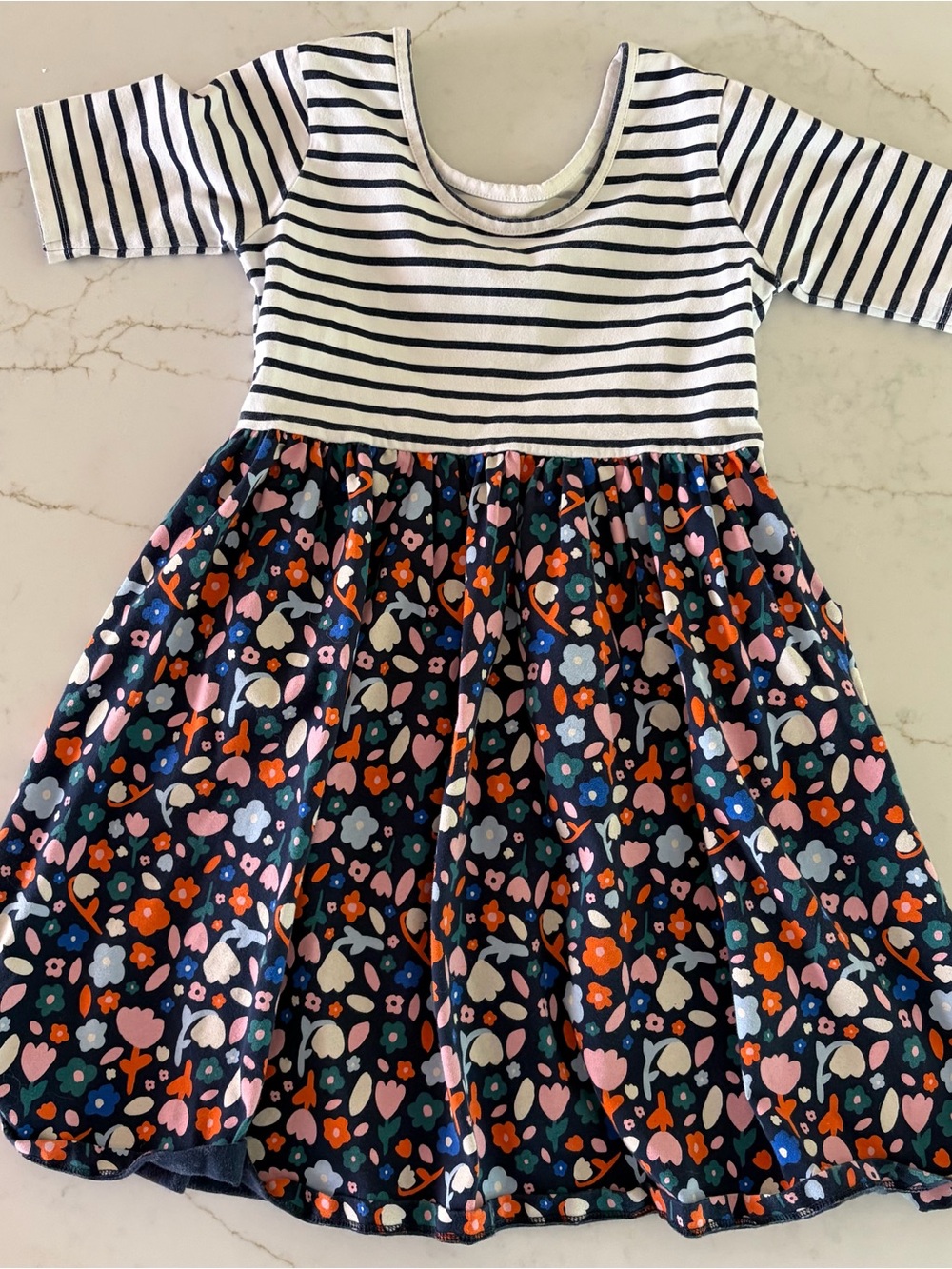 Quince Girls Navy Floral Stripe Dress Size 7 Fit & Flare